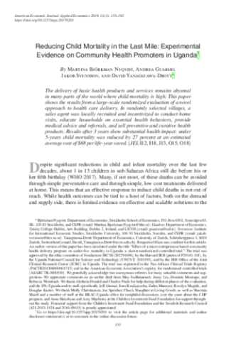 Reducing Child Mortality in the Last Mile: Experimental Evidence on Community Health Promoters in Uganda